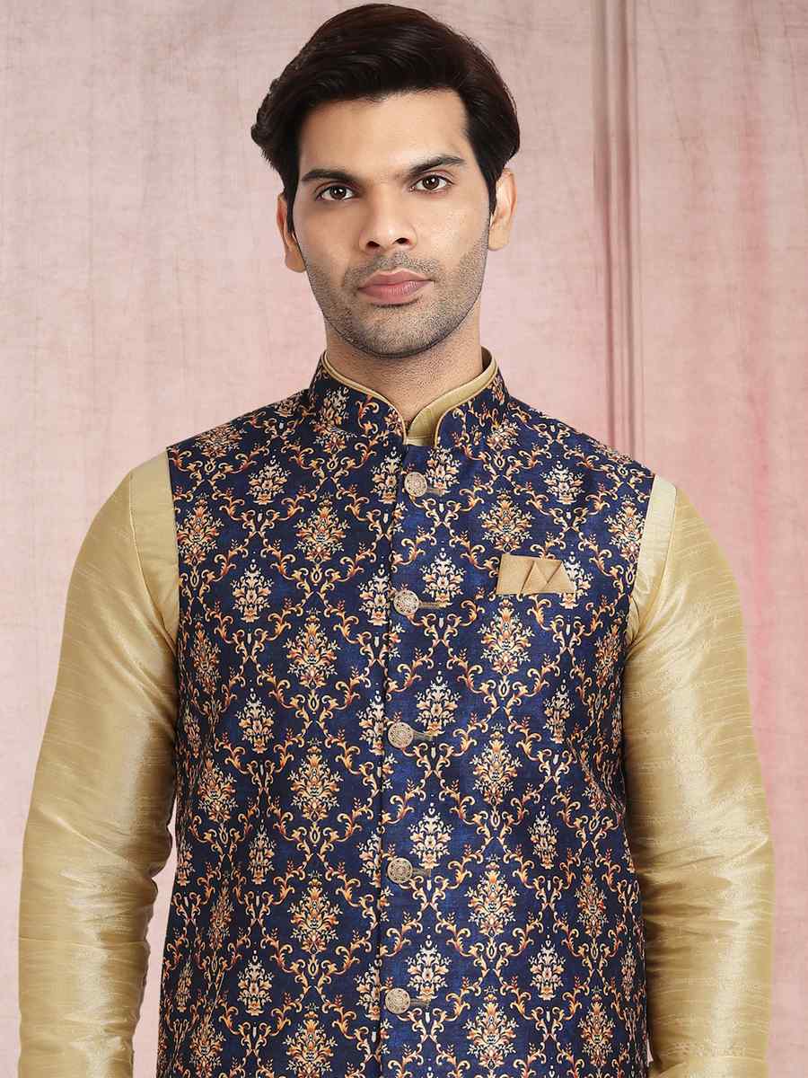 Beige Art Banarasi Silk Printed Festival Wedding Sherwani