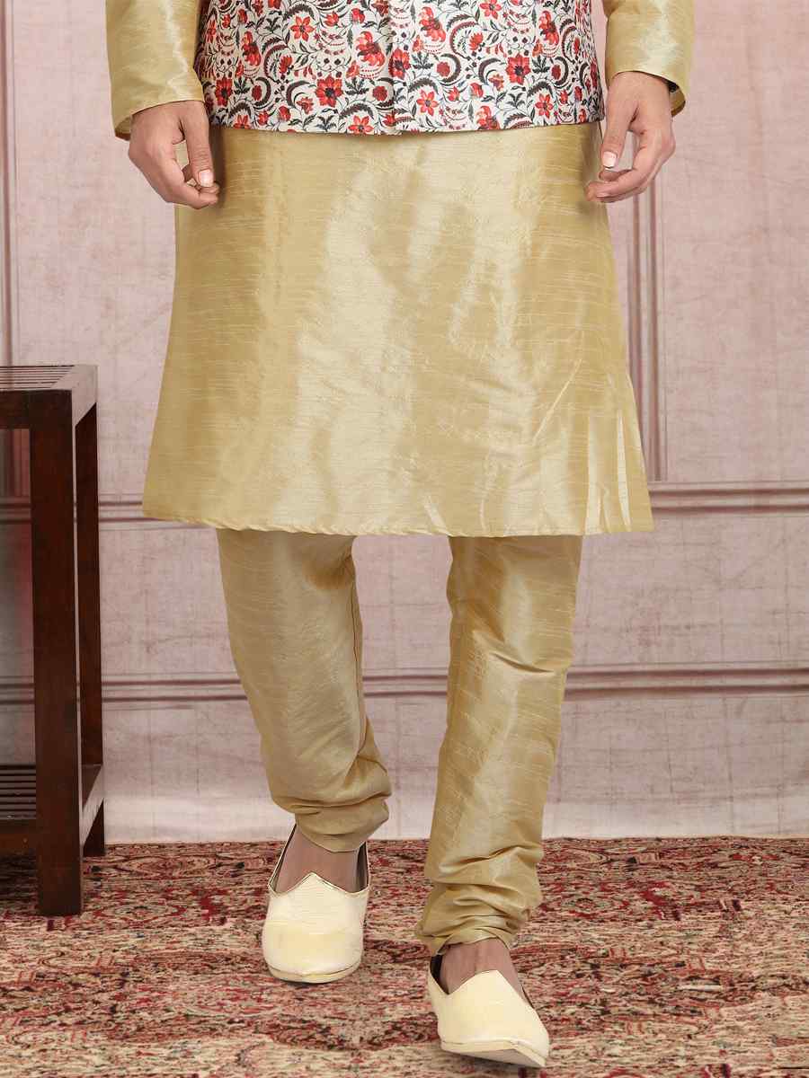 Beige Art Banarasi Silk Printed Festival Wedding Sherwani