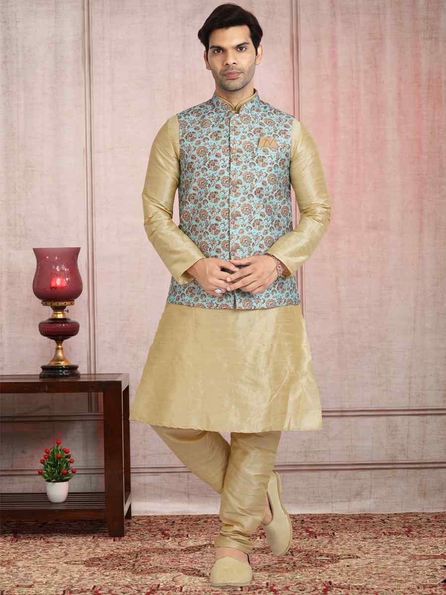 Beige Art Banarasi Silk Printed Festival Wedding Sherwani