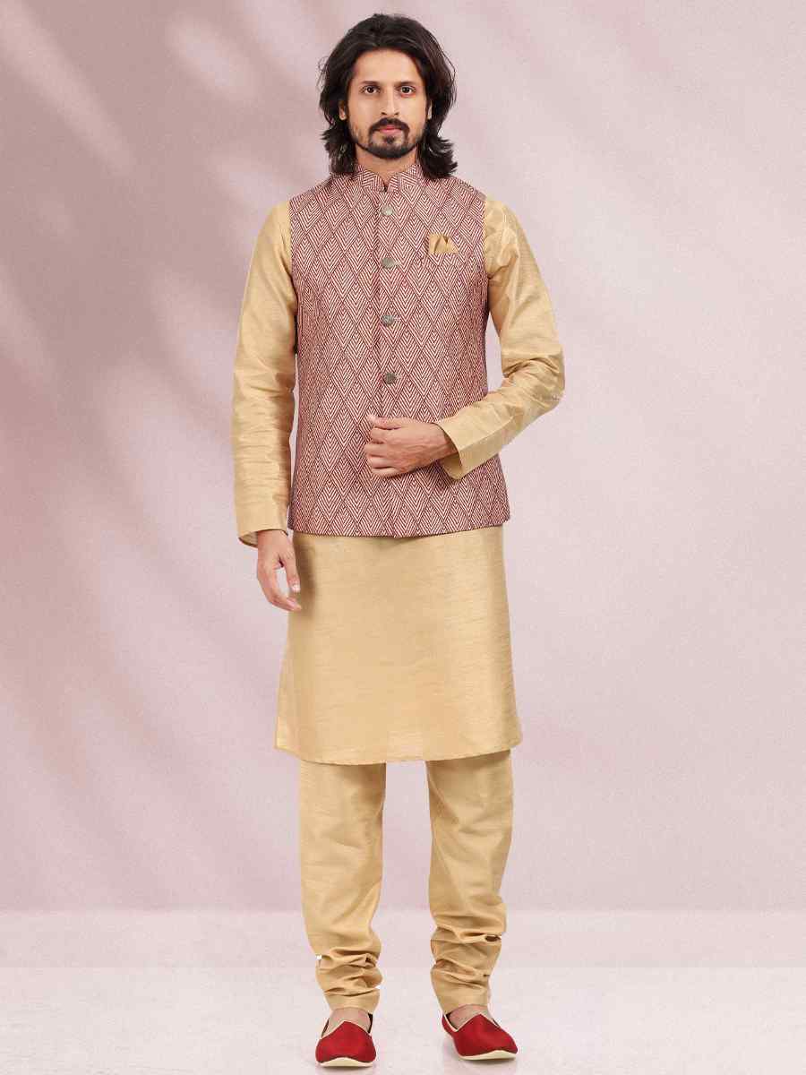 Beige Art Banarasi Silk Woven Festival Party Kurta