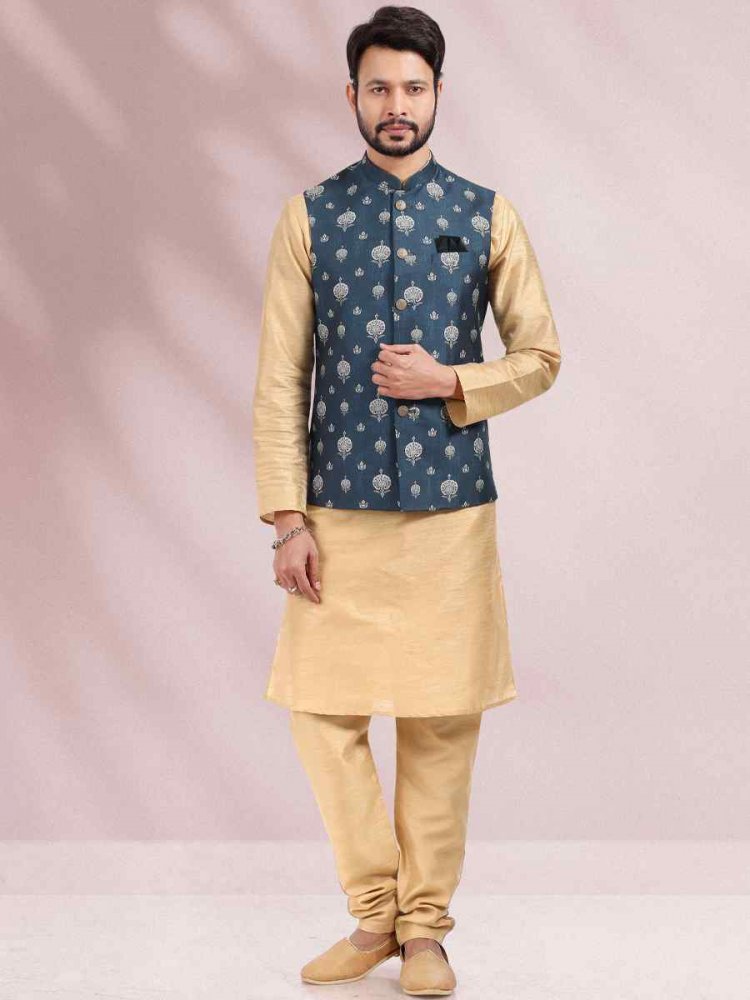 Beige Art Banarasi Silk Woven Festival Party Kurta