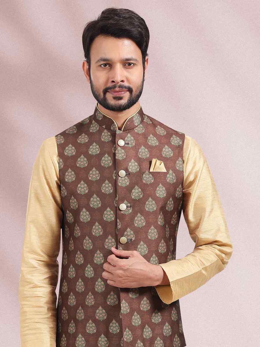 Beige Art Banarasi Silk Woven Festival Party Kurta
