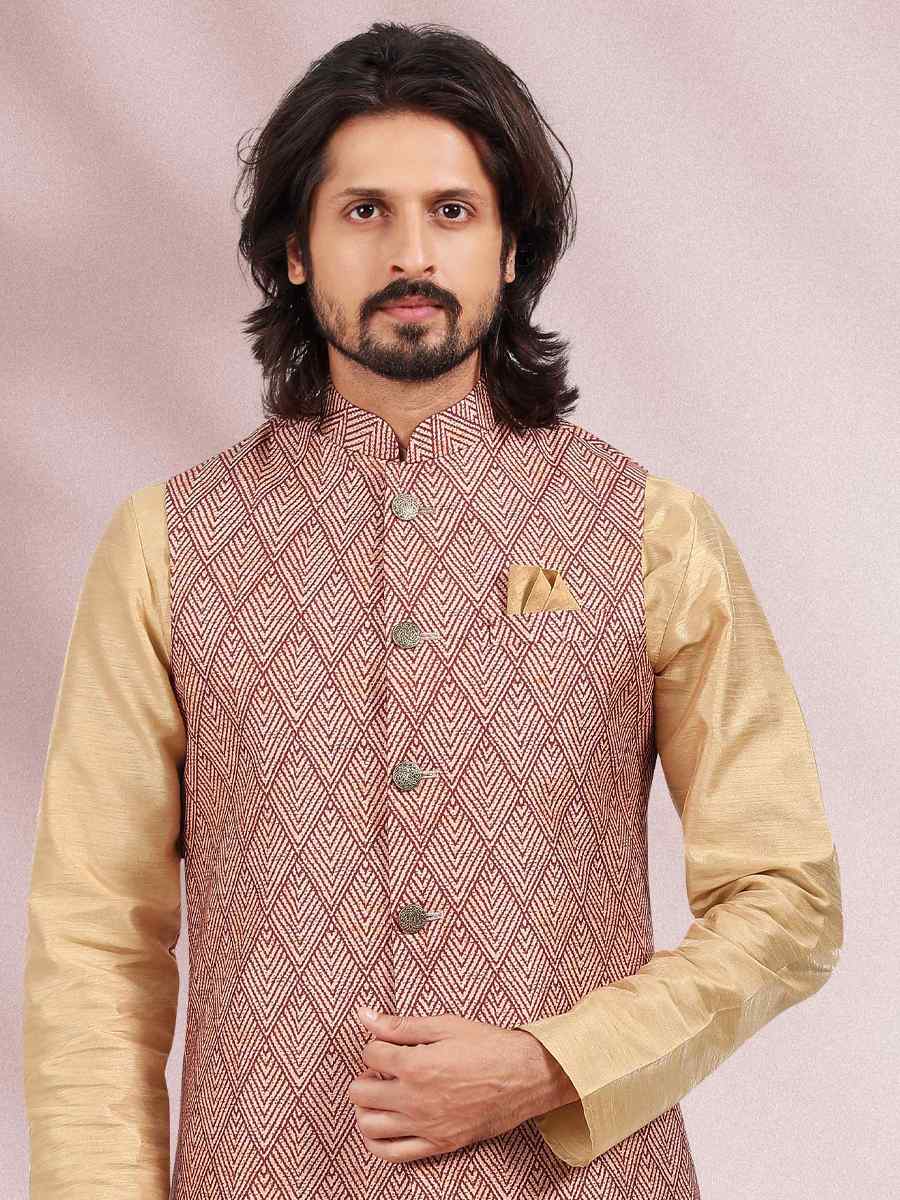 Beige Art Banarasi Silk Woven Festival Party Kurta