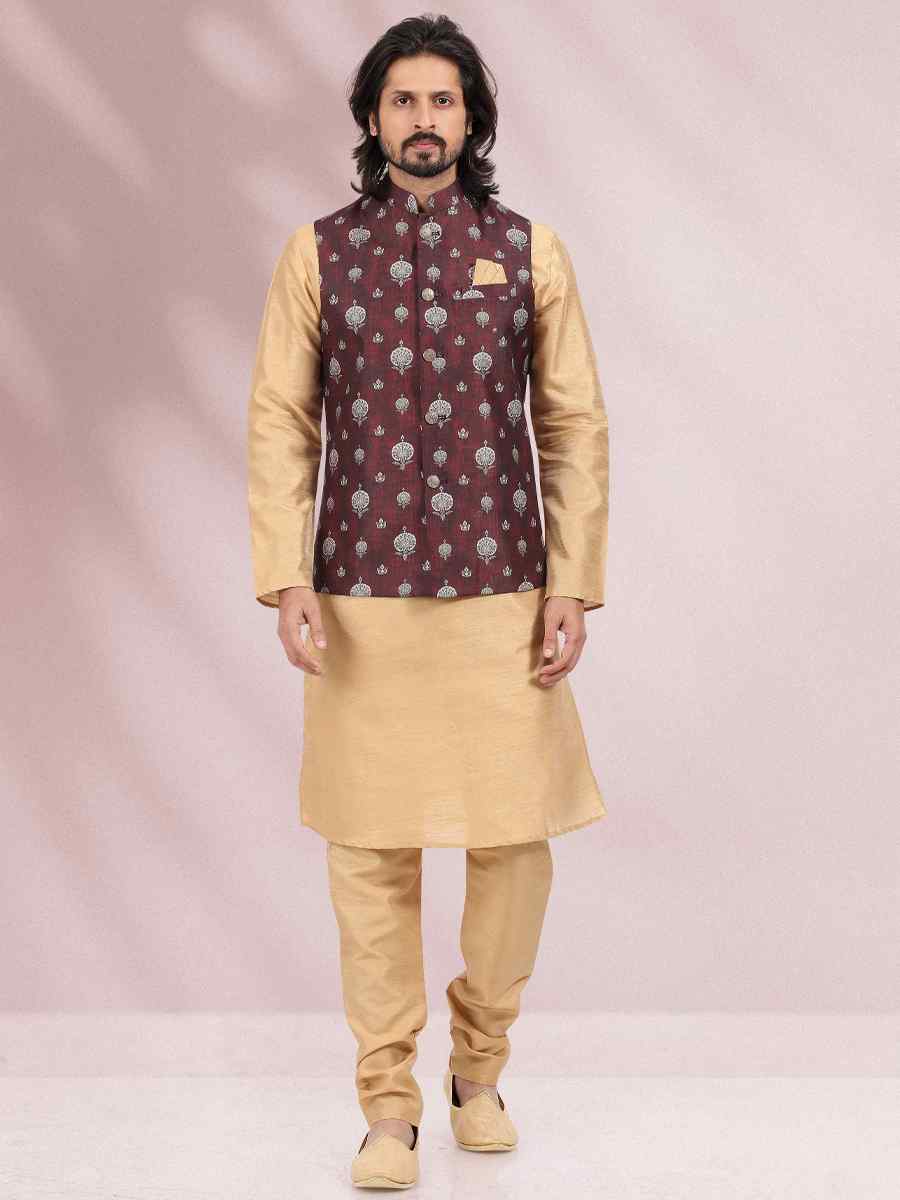 Beige Art Banarasi Silk Woven Festival Party Kurta