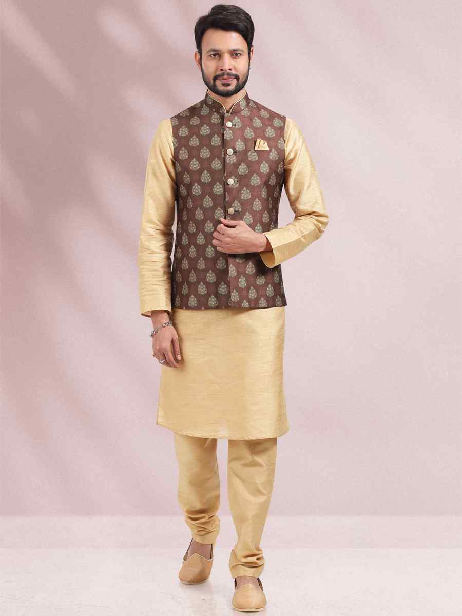 Beige Art Banarasi Silk Woven Festival Party Kurta
