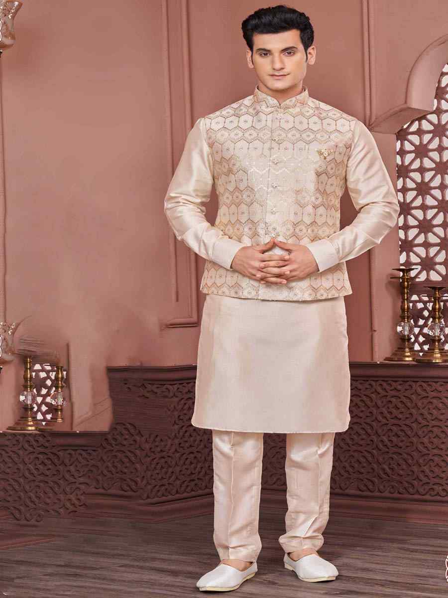 Beige Art Banarasi Silk Woven Festival Wedding Kurta