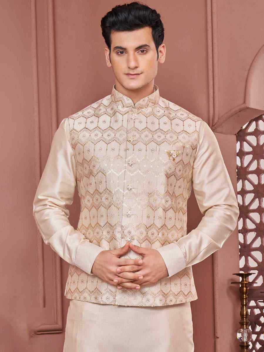 Beige Art Banarasi Silk Woven Festival Wedding Kurta
