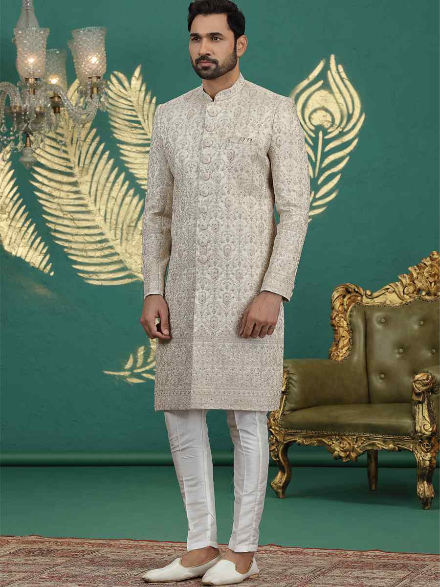 Beige Art Silk Embroidered Festival Wedding Mens Sherwani