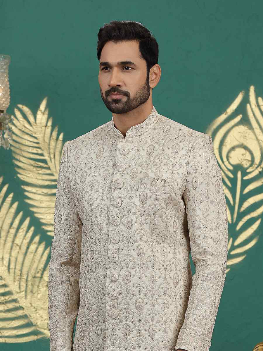 Beige Art Silk Embroidered Festival Wedding Mens Sherwani
