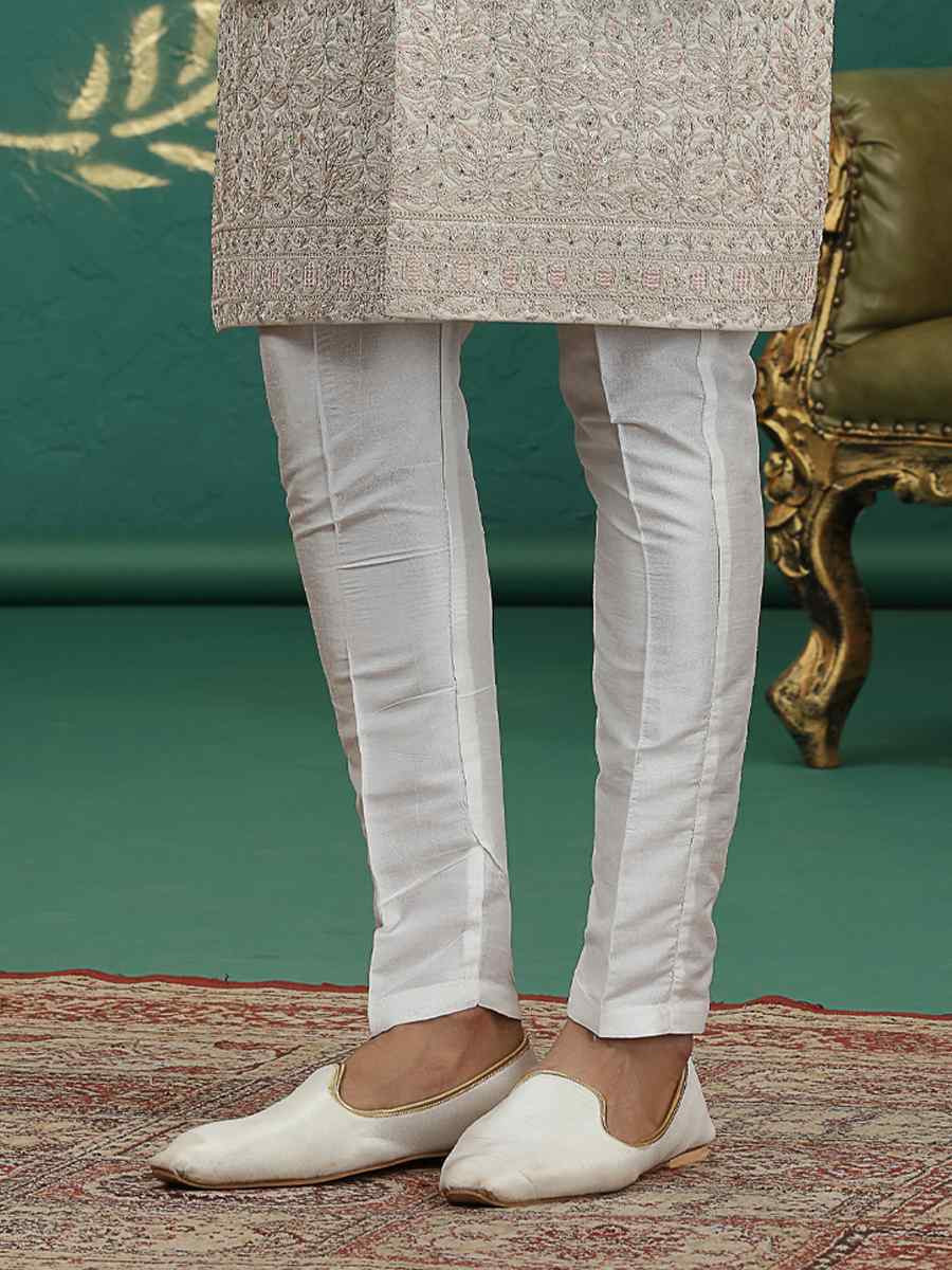 Beige Art Silk Embroidered Festival Wedding Mens Sherwani