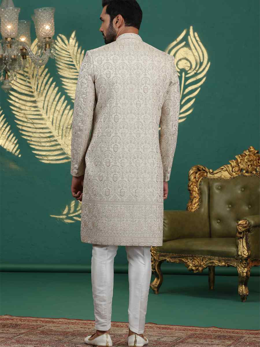 Beige Art Silk Embroidered Festival Wedding Mens Sherwani