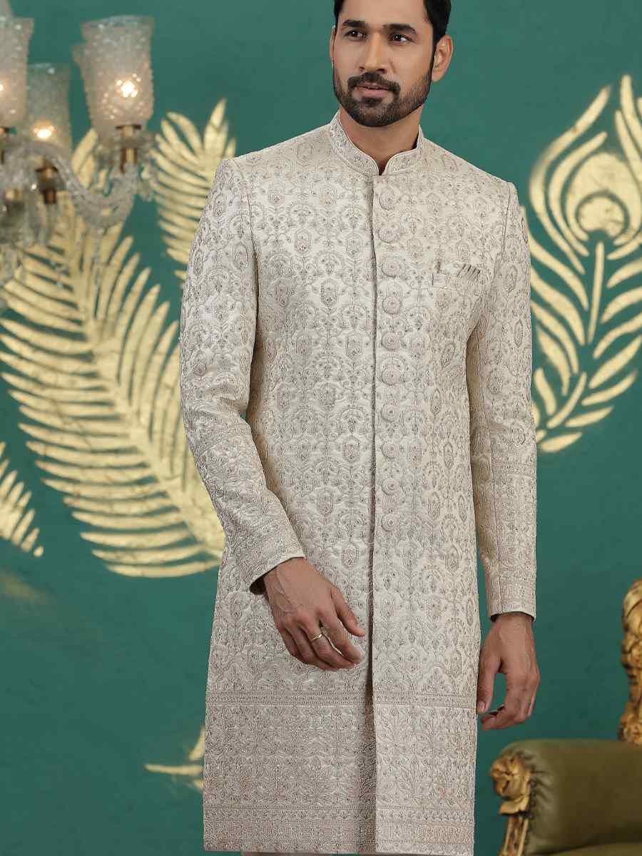 Beige Art Silk Embroidered Festival Wedding Mens Sherwani