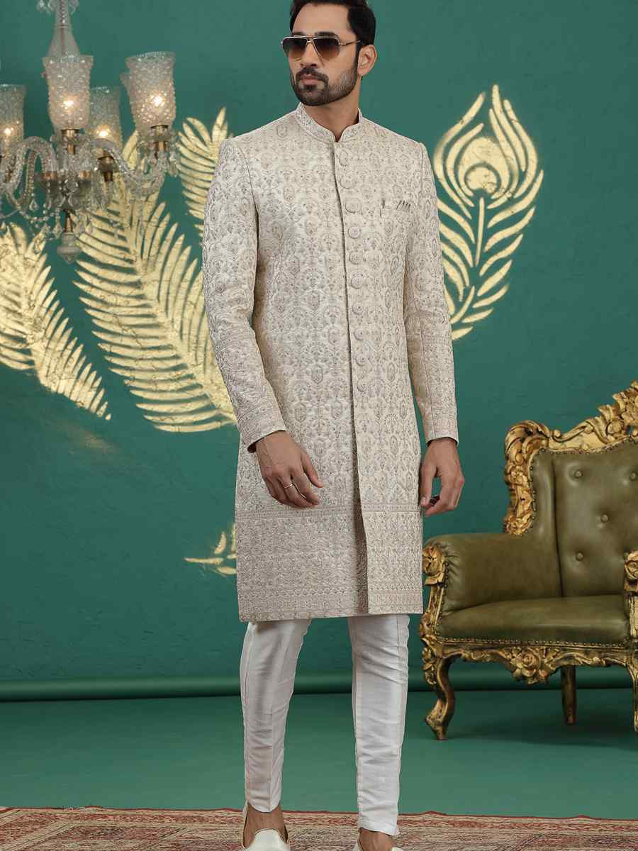 Beige Art Silk Embroidered Festival Wedding Mens Sherwani