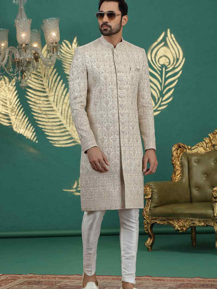 Image of Beige Art Silk Embroidered Festival Wedding Mens Sherwani