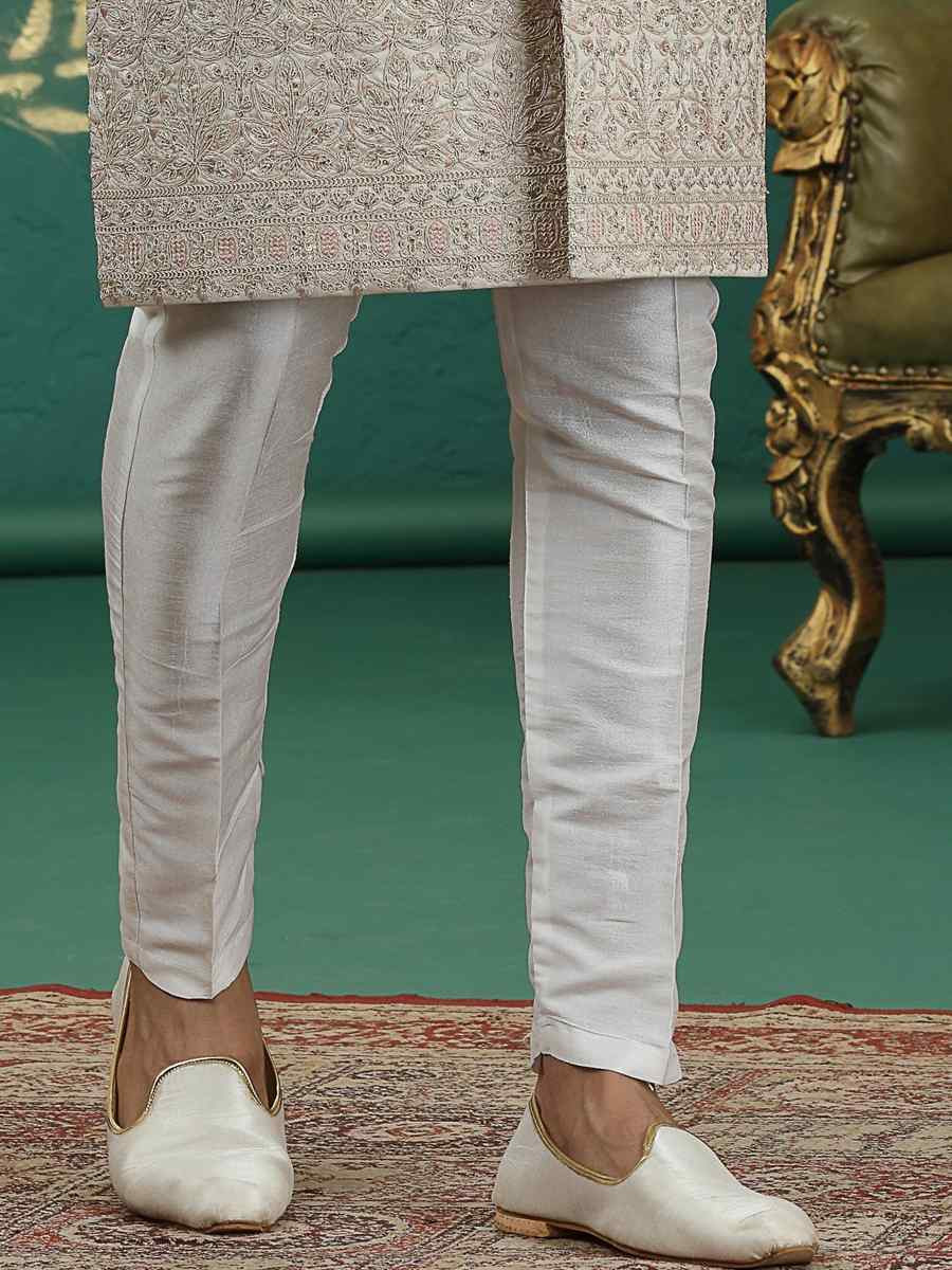 Beige Art Silk Embroidered Festival Wedding Mens Sherwani