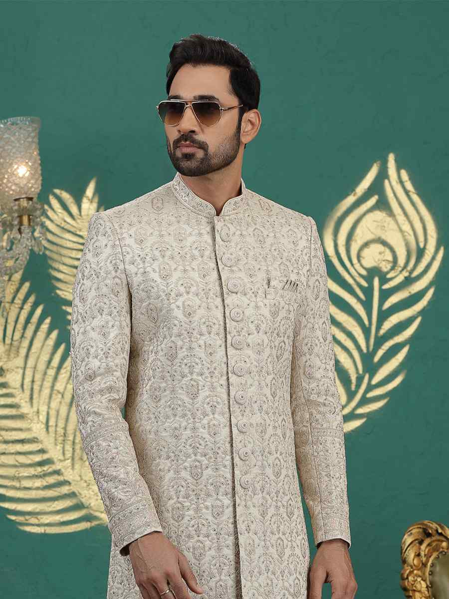 Beige Art Silk Embroidered Festival Wedding Mens Sherwani