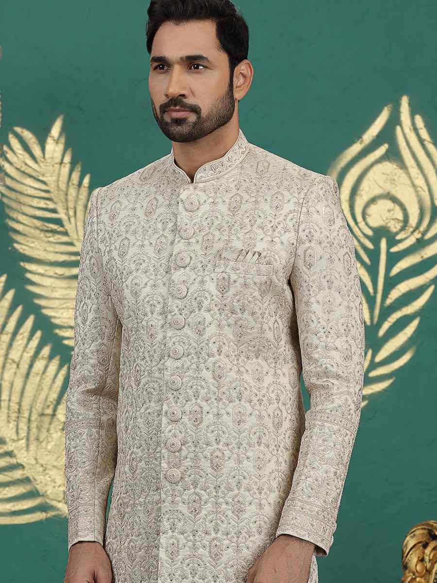 Beige Art Silk Embroidered Festival Wedding Mens Sherwani
