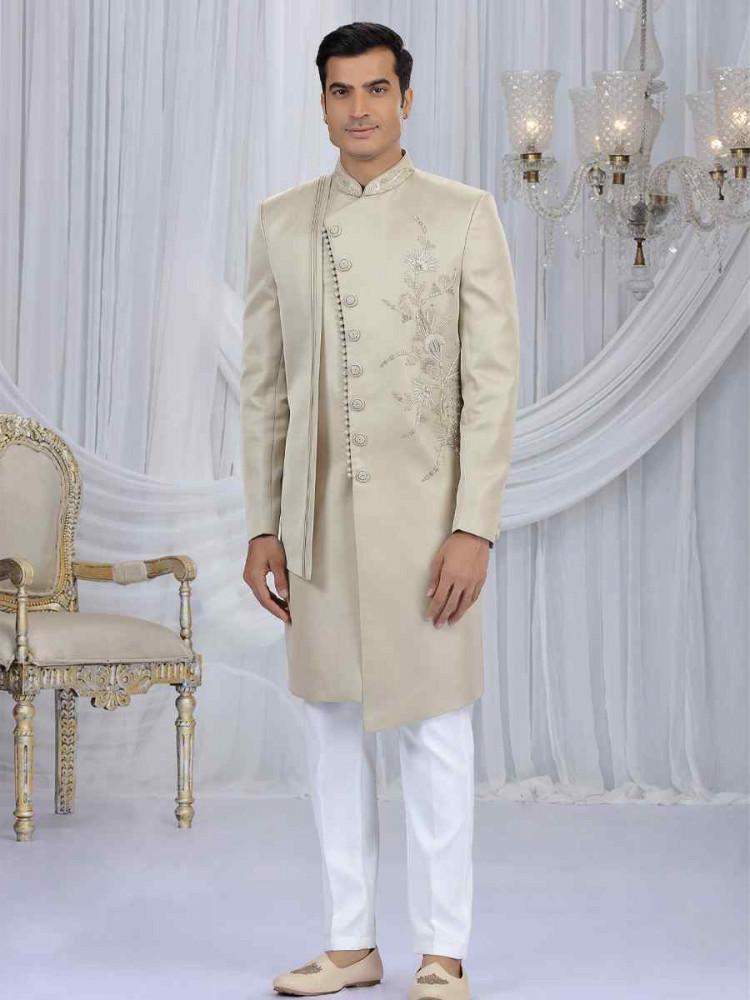 Image of Beige Art Silk Embroidered Festival Wedding Mens Sherwani
