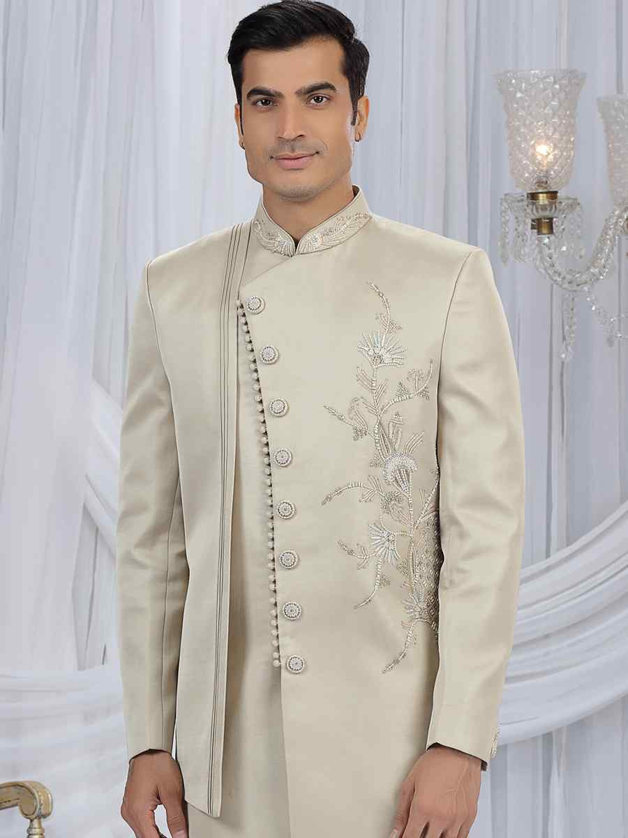 Beige Art Silk Embroidered Festival Wedding Mens Sherwani