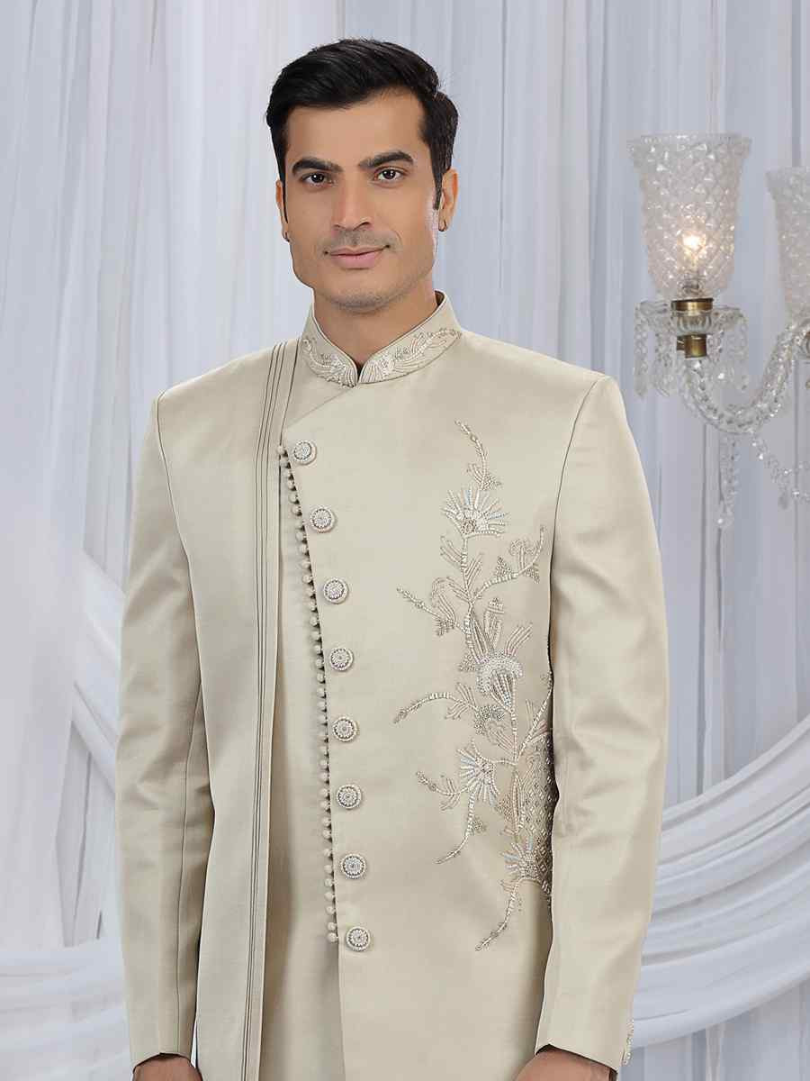 Beige Art Silk Embroidered Festival Wedding Mens Sherwani