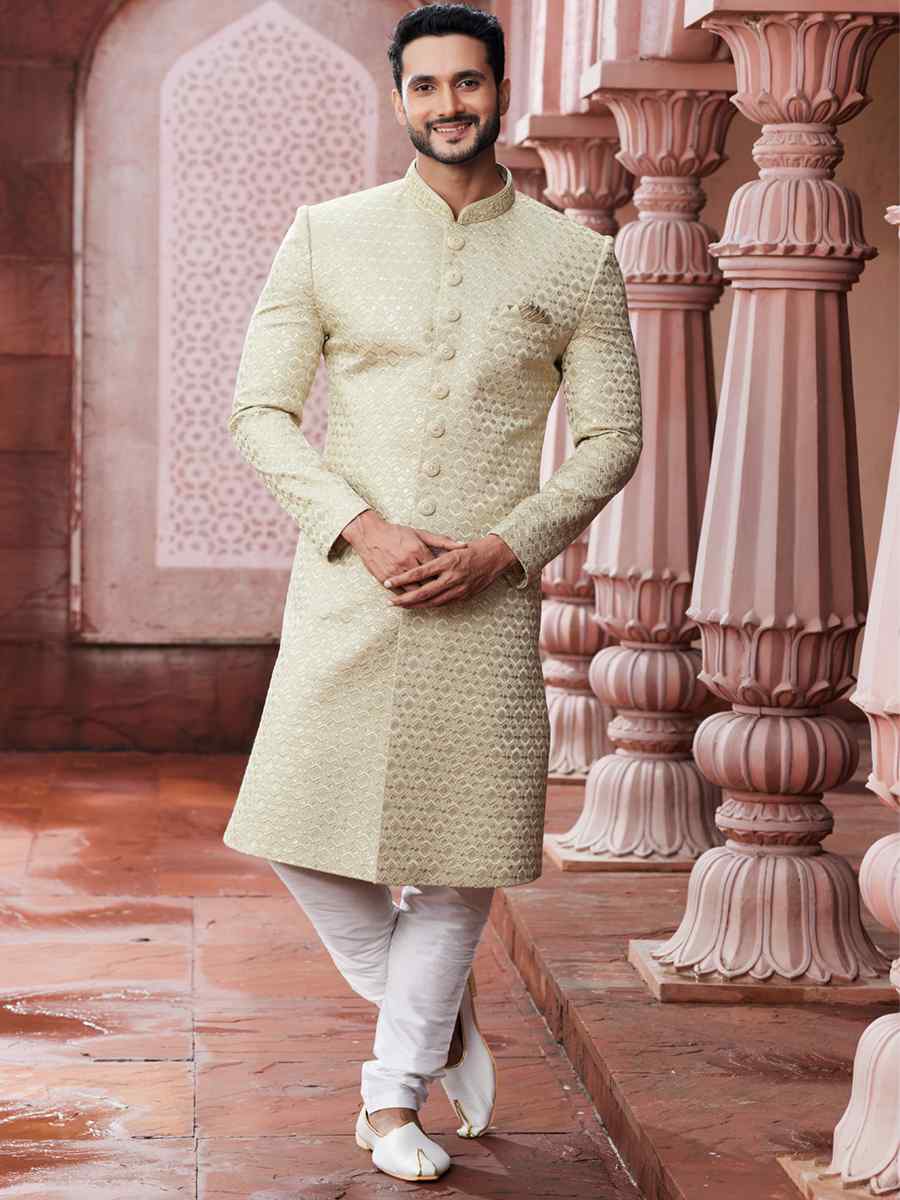 Beige Art Silk Embroidered Wedding Party Sherwani