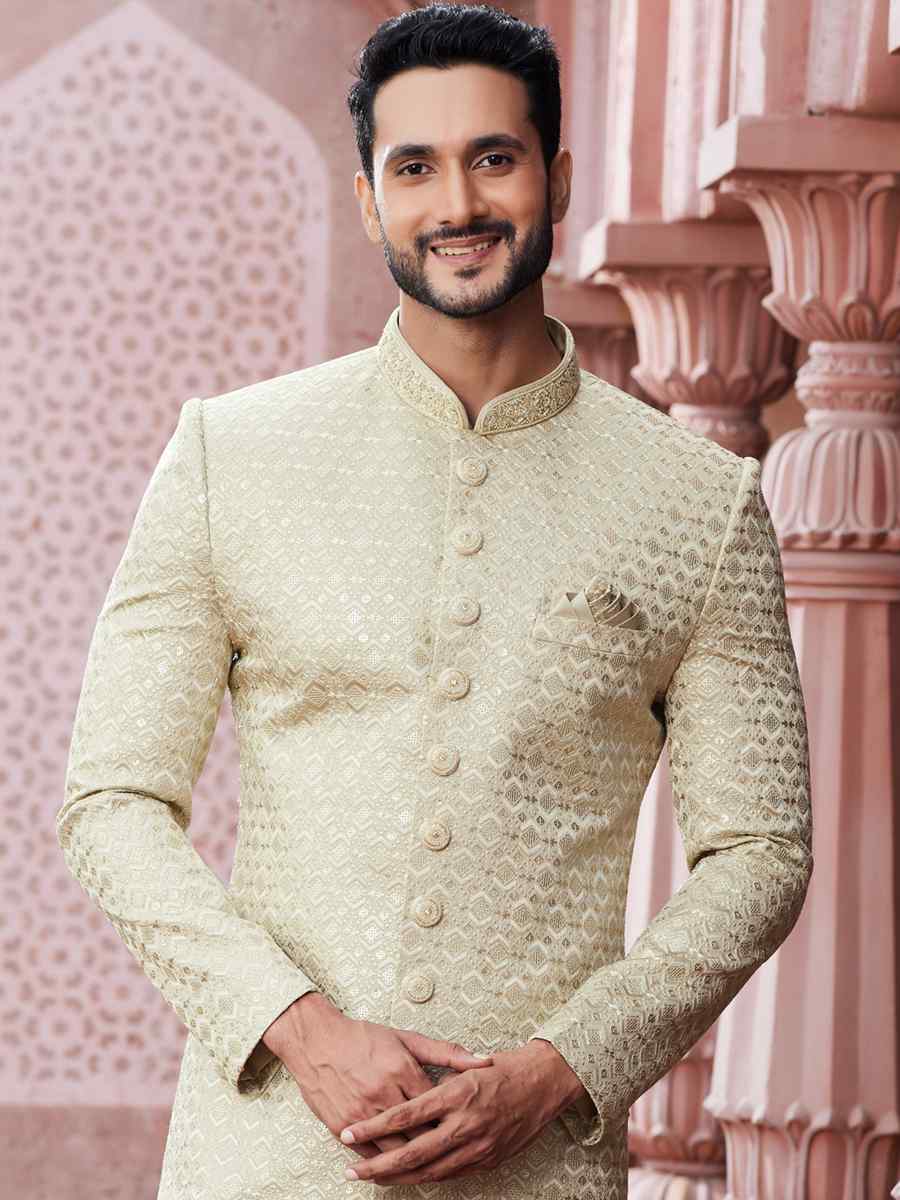 Beige Art Silk Embroidered Wedding Party Sherwani