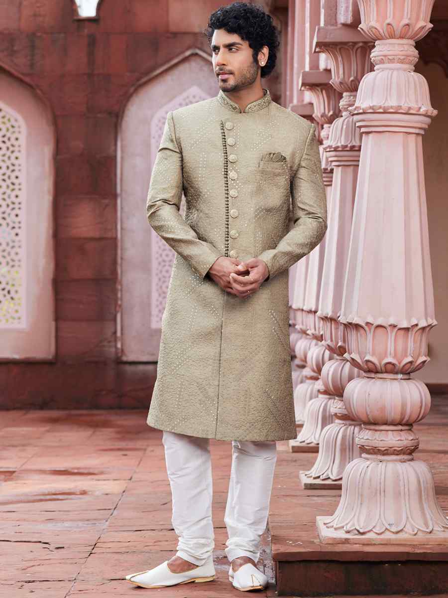 Beige Art Silk Embroidered Wedding Party Sherwani