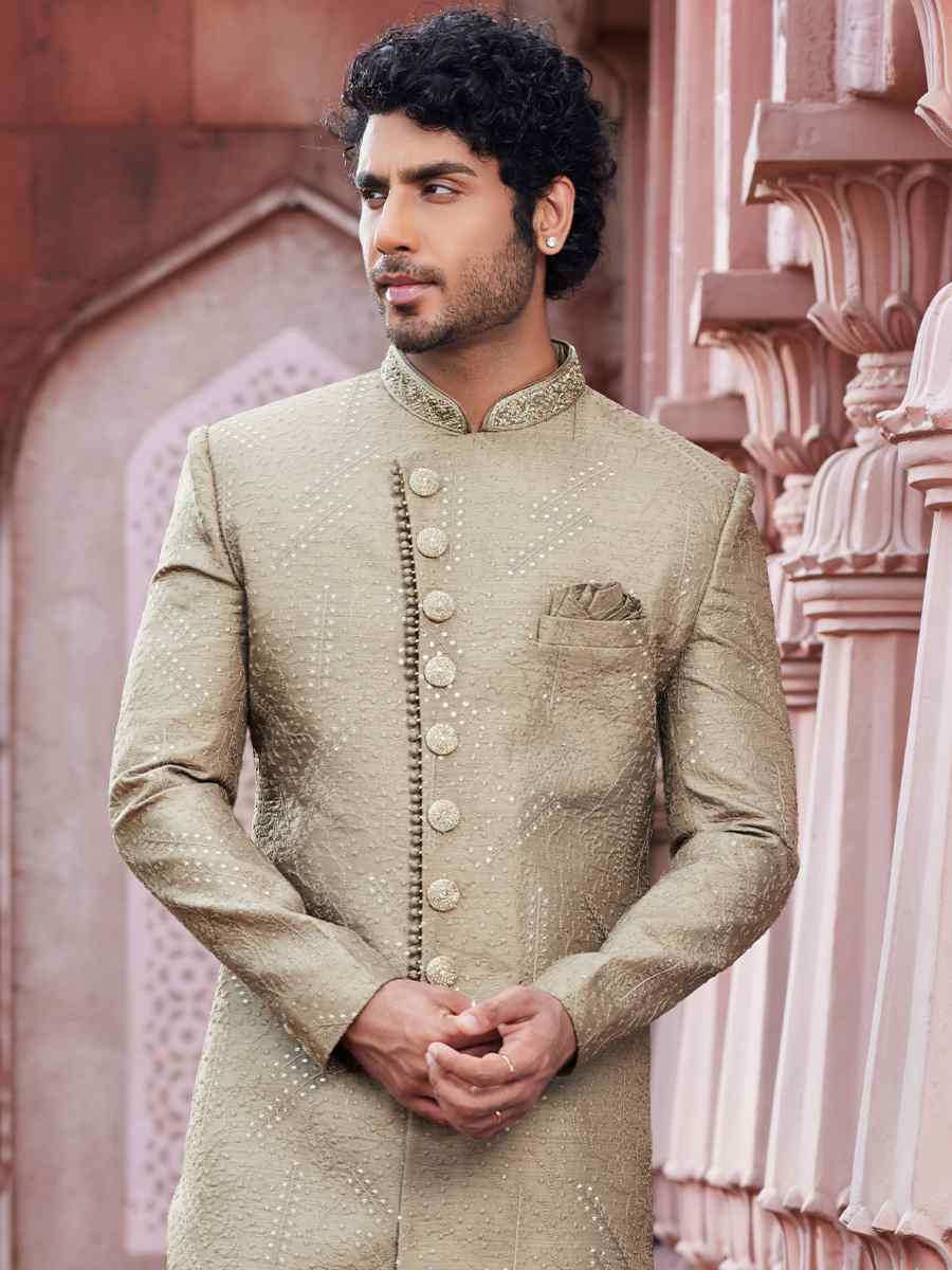 Beige Art Silk Embroidered Wedding Party Sherwani