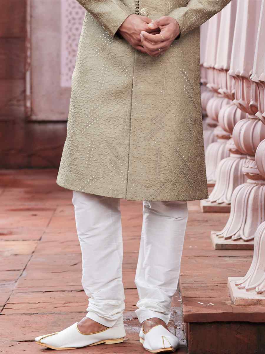 Beige Art Silk Embroidered Wedding Party Sherwani