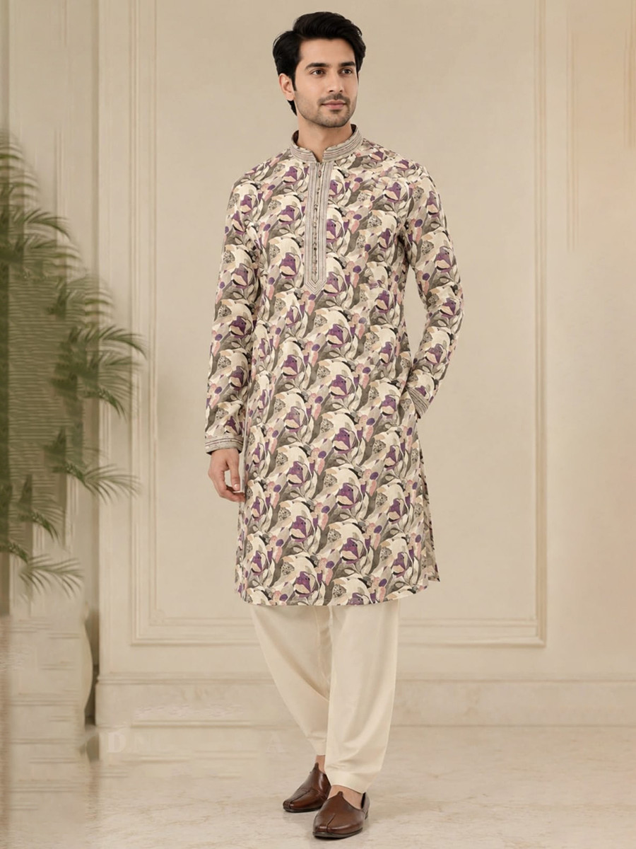 Beige Art Silk Embroidery Printed Wedding Party Festival Casual Mens Wear Kurta