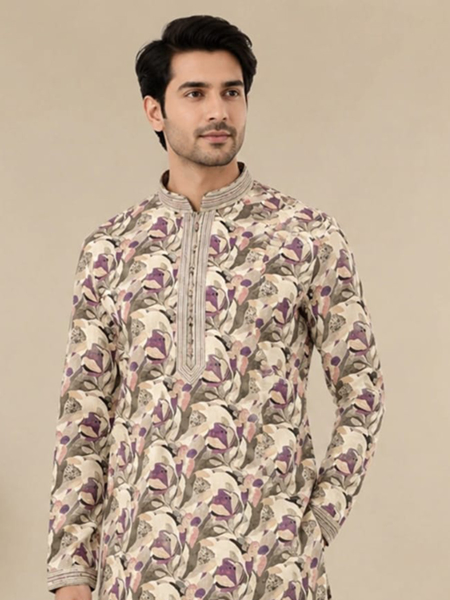 Beige Art Silk Embroidery Printed Wedding Party Festival Casual Mens Wear Kurta