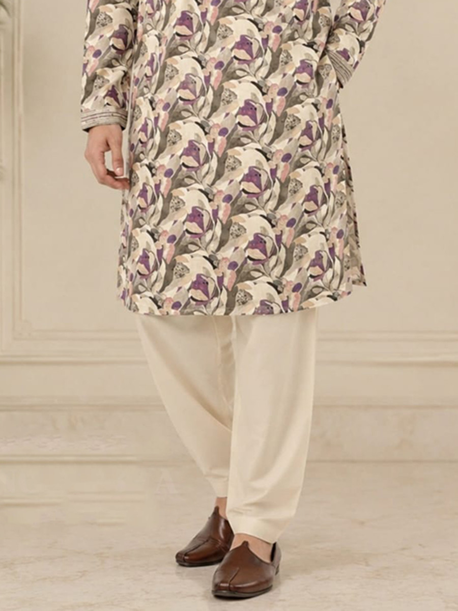 Beige Art Silk Embroidery Printed Wedding Party Festival Casual Mens Wear Kurta