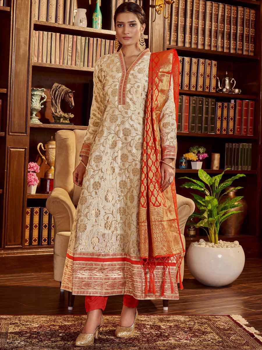 Beige Art Silk Handwoven Festival Anarkali Salwar Kameez