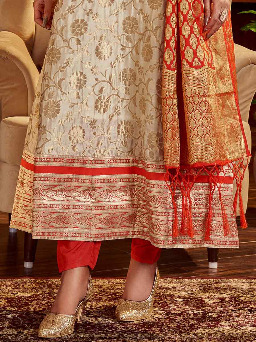Beige Art Silk Handwoven Festival Anarkali Salwar Kameez