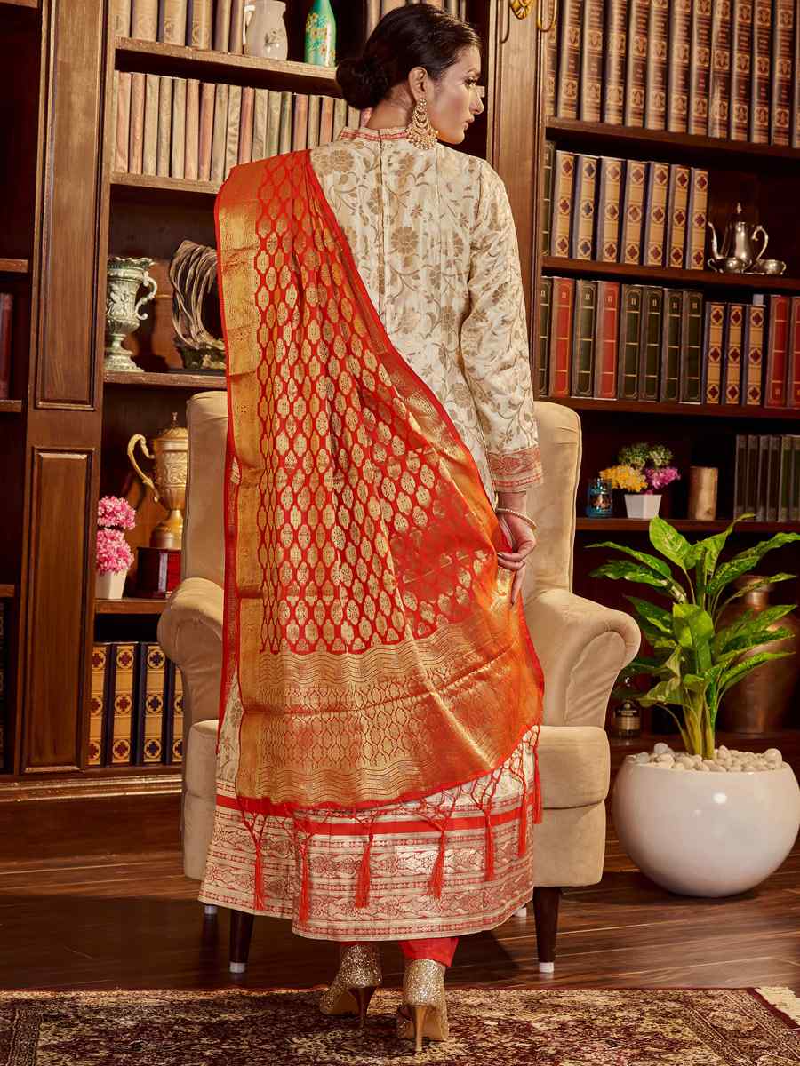 Beige Art Silk Handwoven Festival Anarkali Salwar Kameez