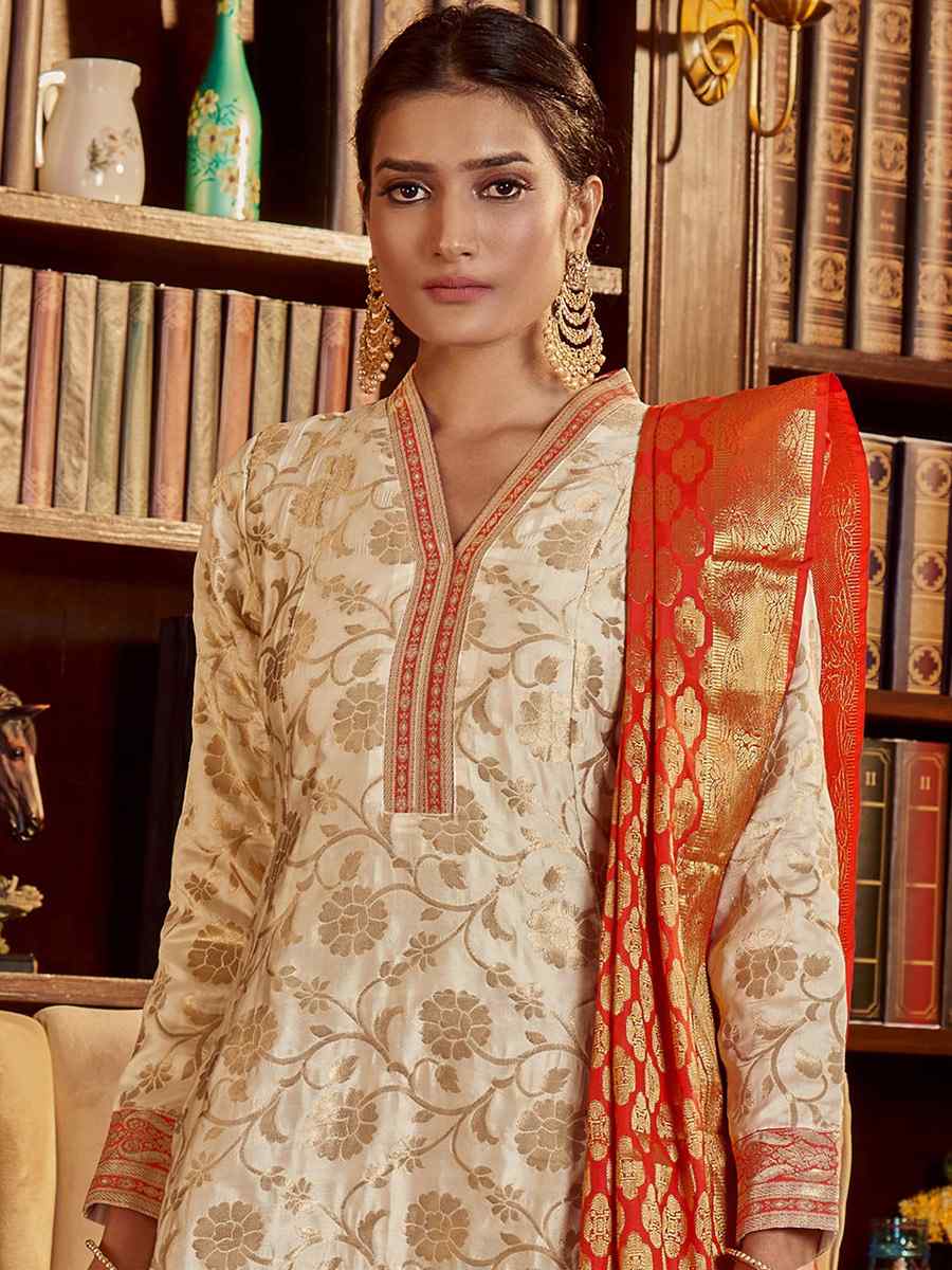 Beige Art Silk Handwoven Festival Anarkali Salwar Kameez