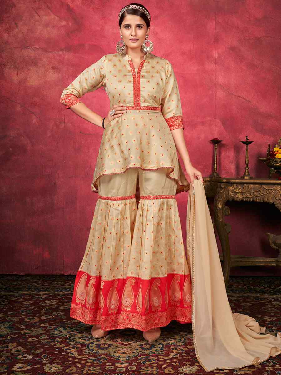 Beige Art Silk Handwoven Festival Palazzo Pant Salwar Kameez