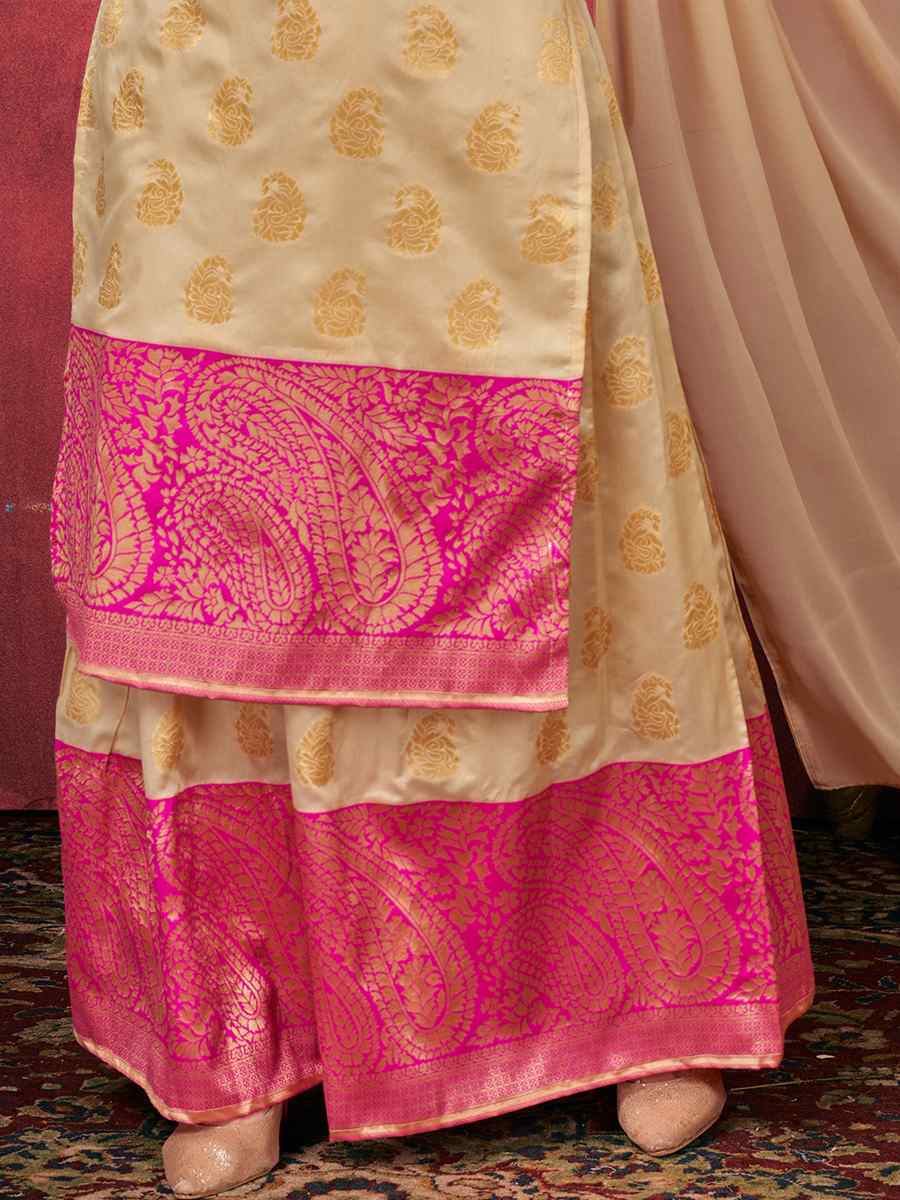 Beige Art Silk Handwoven Festival Palazzo Pant Salwar Kameez