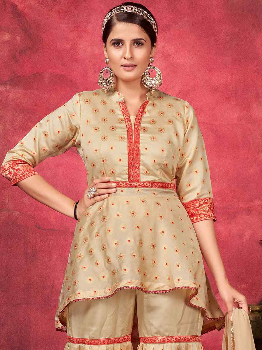 Beige Art Silk Handwoven Festival Palazzo Pant Salwar Kameez