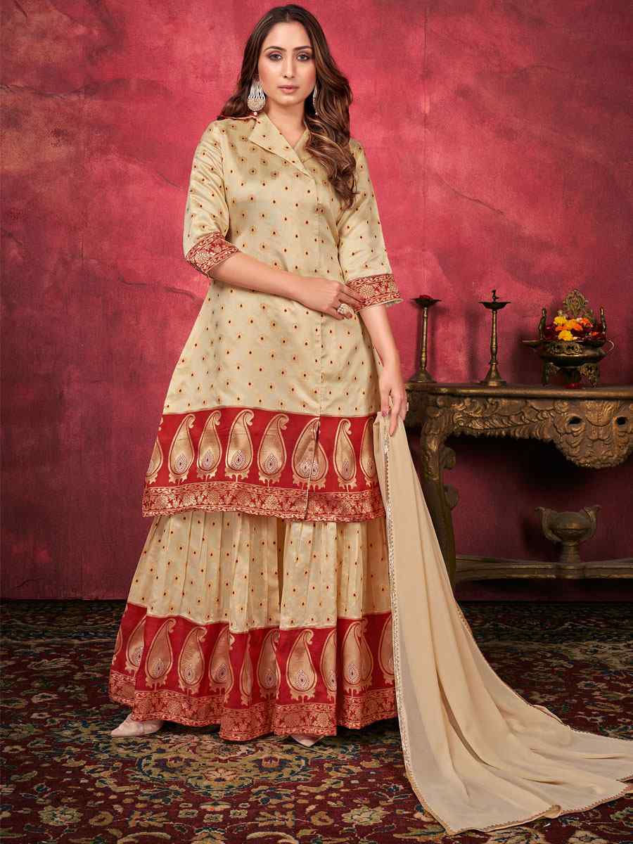 Beige Art Silk Handwoven Festival Palazzo Pant Salwar Kameez
