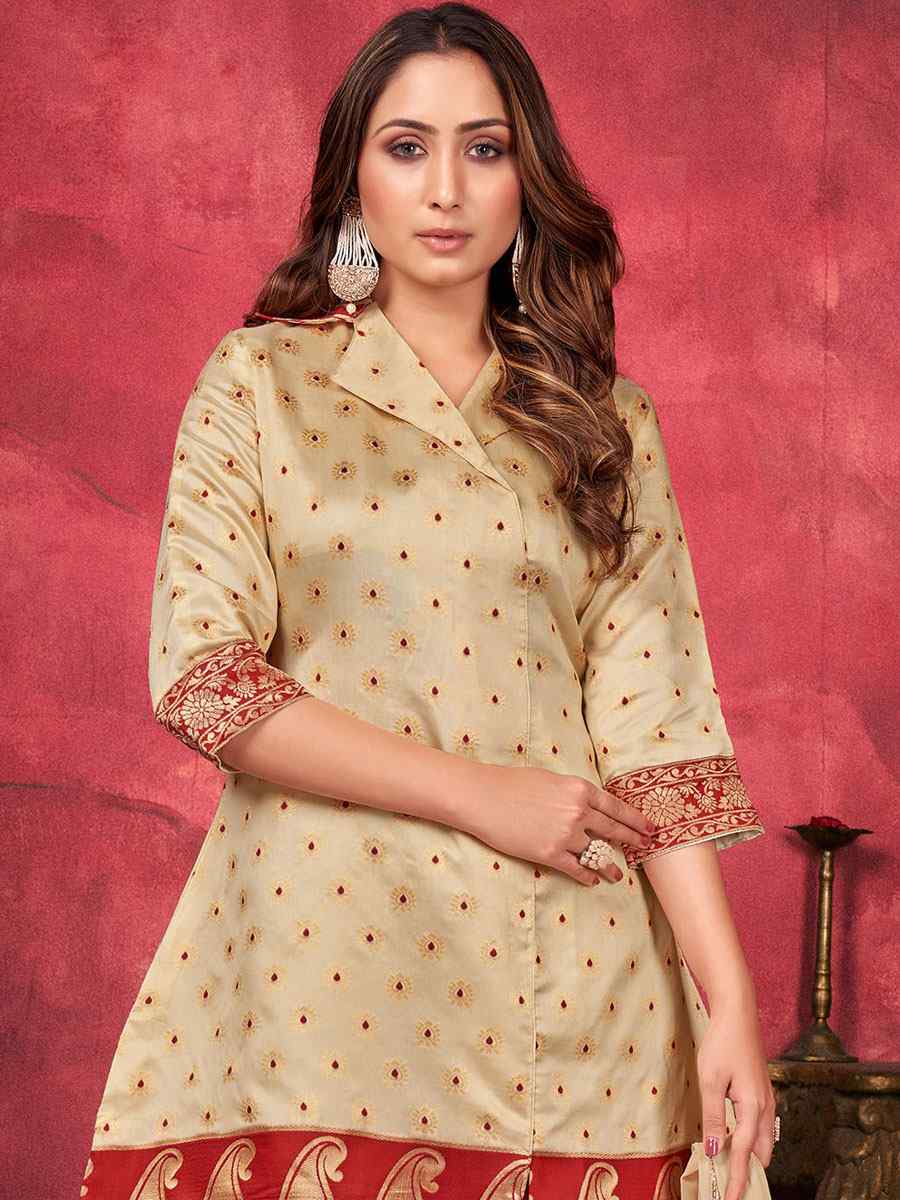 Beige Art Silk Handwoven Festival Palazzo Pant Salwar Kameez
