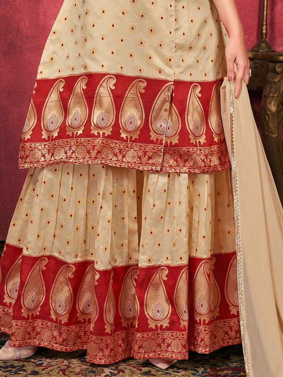 Beige Art Silk Handwoven Festival Palazzo Pant Salwar Kameez