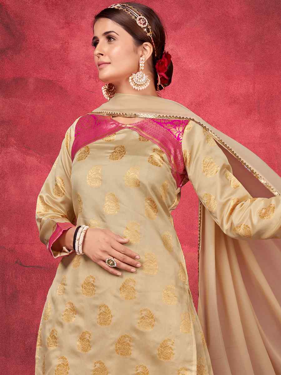 Beige Art Silk Handwoven Festival Palazzo Pant Salwar Kameez