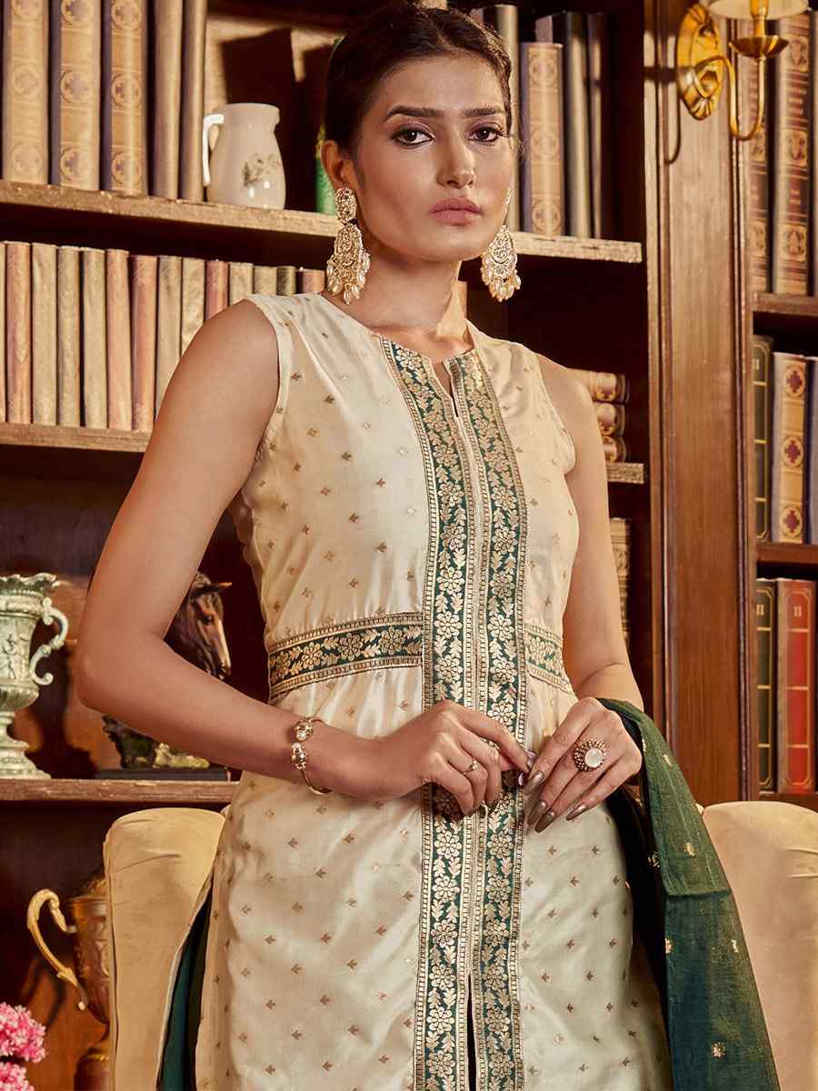 Beige Art Silk Handwoven Festival Palazzo Pant Salwar Kameez