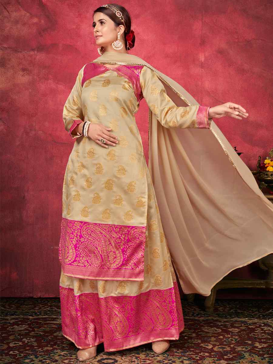 Beige Art Silk Handwoven Festival Palazzo Pant Salwar Kameez