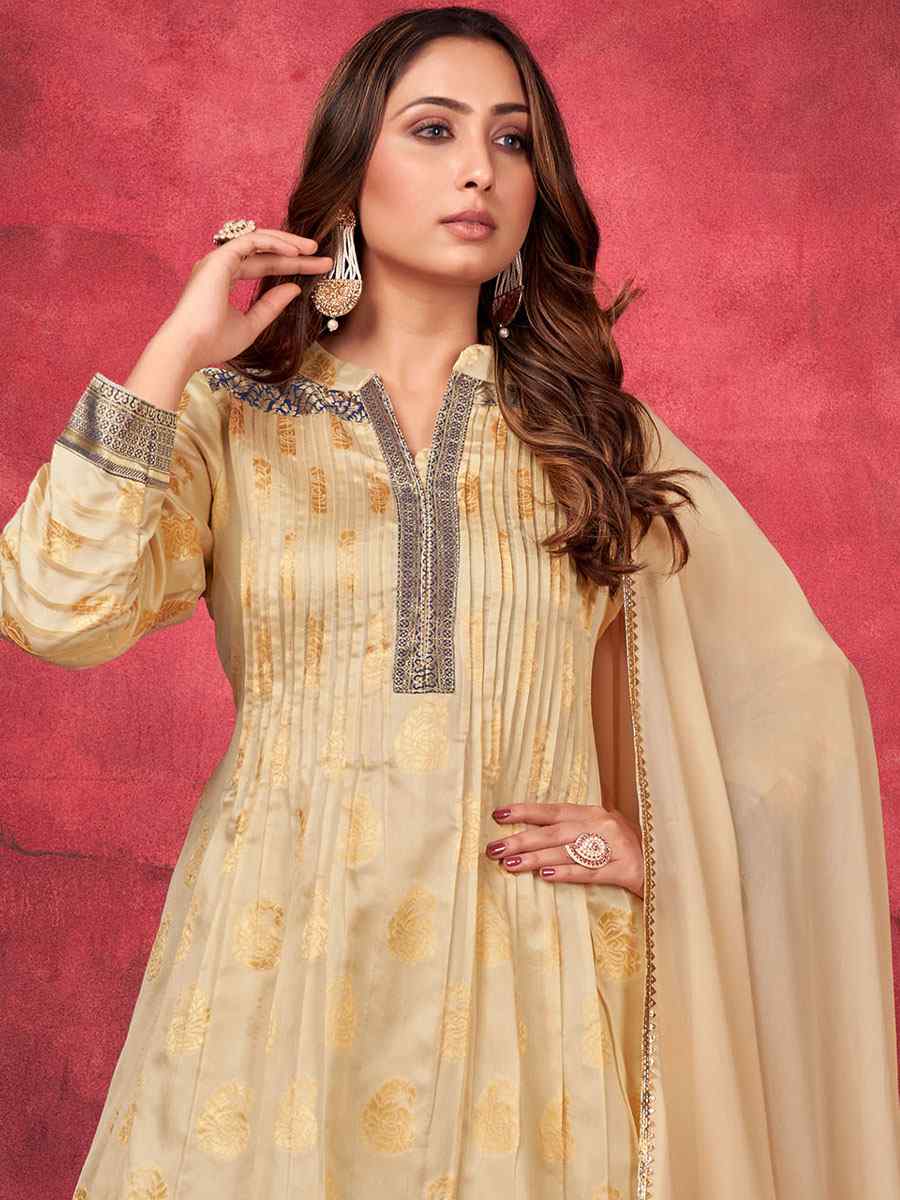 Beige Art Silk Handwoven Festival Palazzo Pant Salwar Kameez
