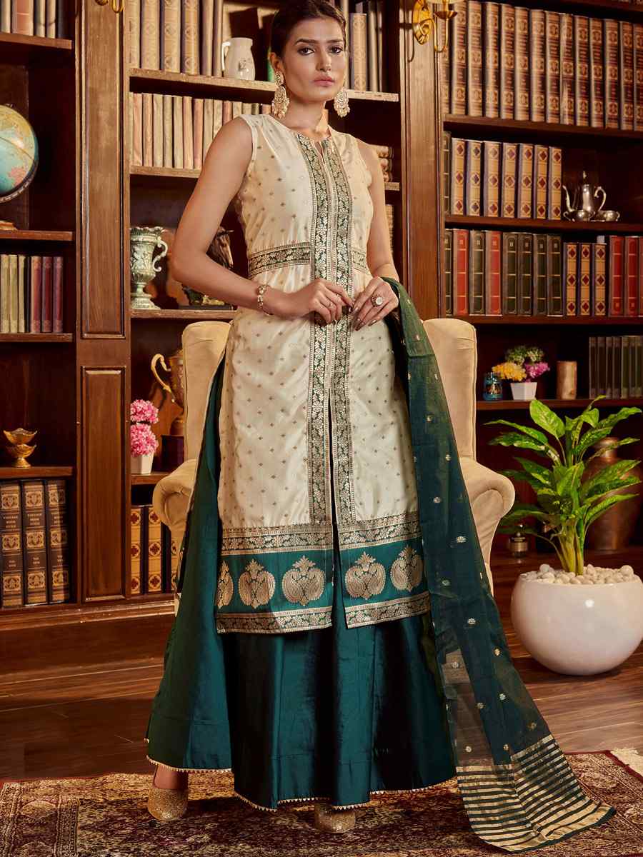 Beige Art Silk Handwoven Festival Palazzo Pant Salwar Kameez