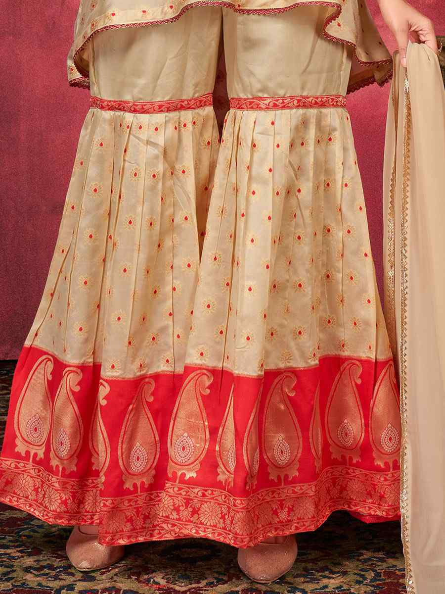 Beige Art Silk Handwoven Festival Palazzo Pant Salwar Kameez
