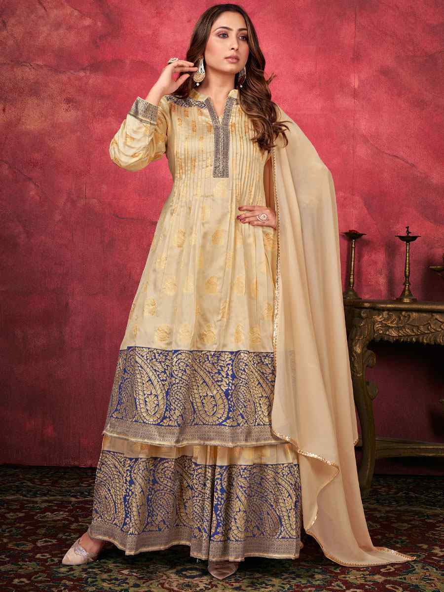 Beige Art Silk Handwoven Festival Palazzo Pant Salwar Kameez