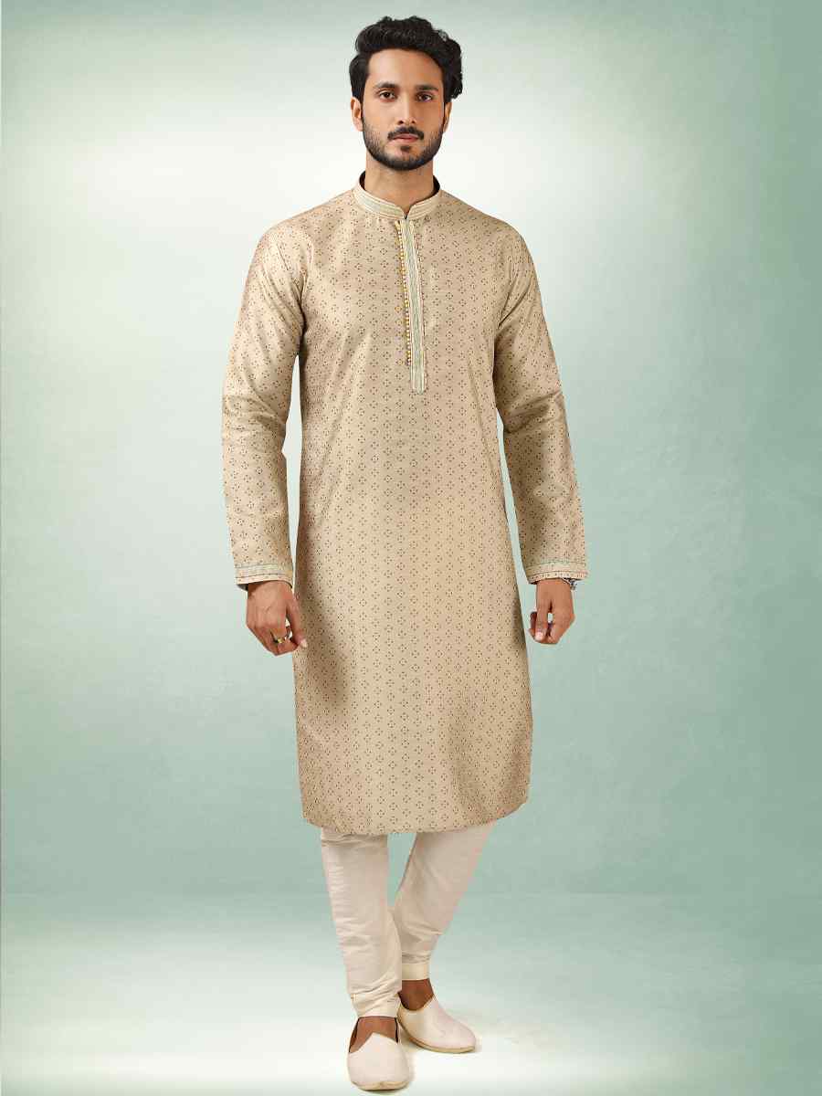 Beige Art Silk Printed Festival Kurta